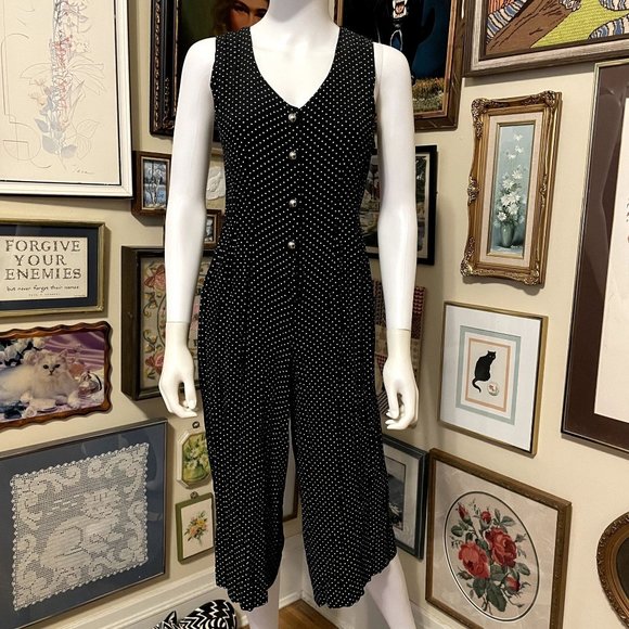 90s Vintage City Triangles Black and White Swiss Dot Sleeveless Wide Leg Cropped - Picture 1 of 7